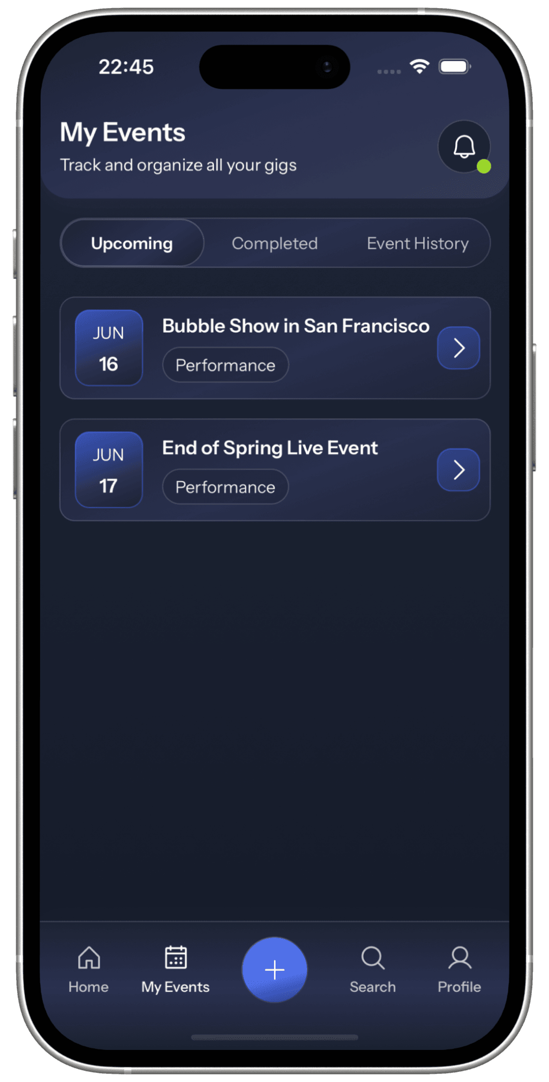 Slightly angled OnTop events screen in an iPhone 16