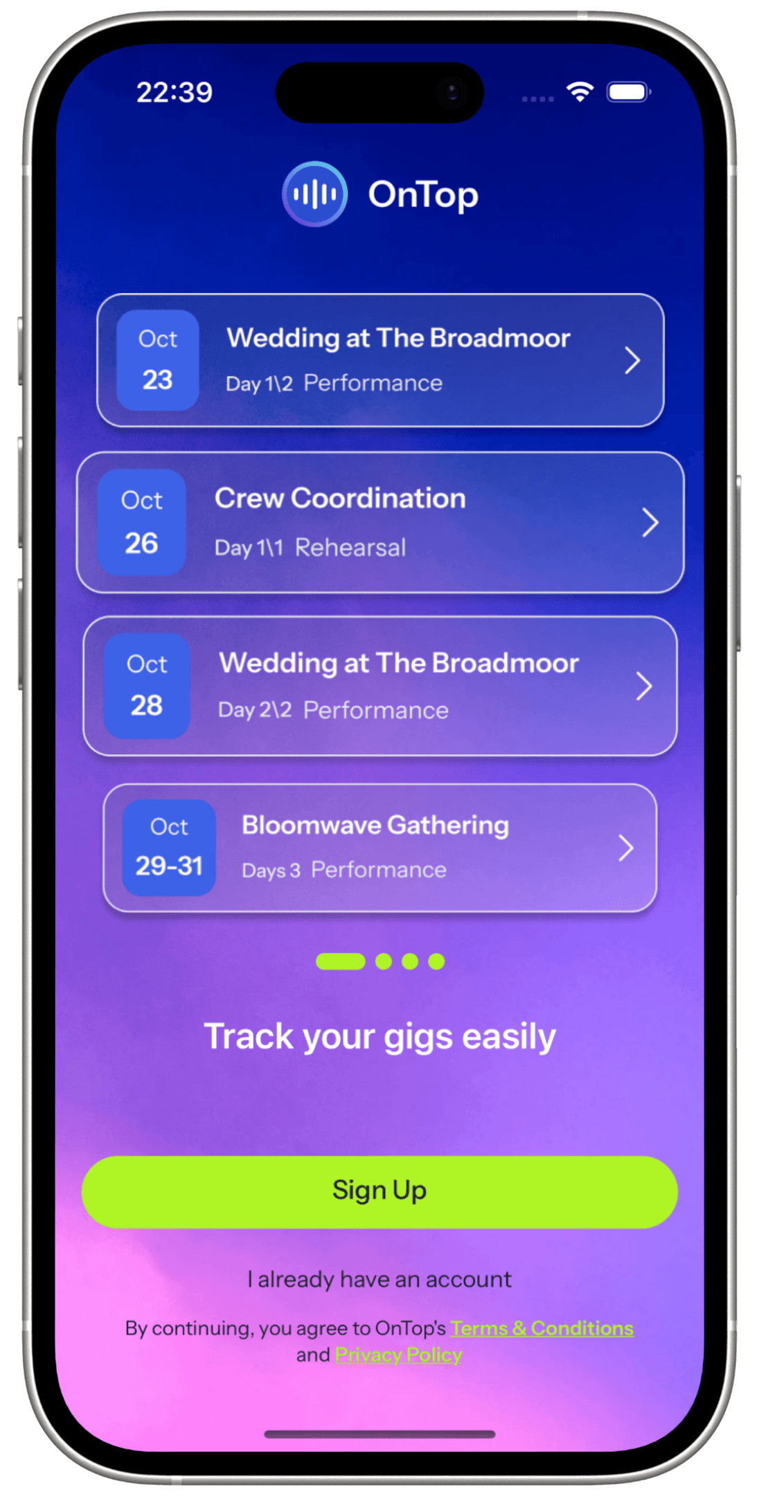 OnTop gig tracking screen in an iPhone 16